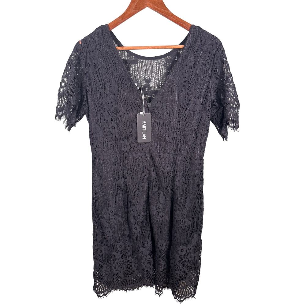 Kaimilan Women's Size 12 Black Zip Lace Short Sleeve V-Neck‎ Lined Midi Dress
